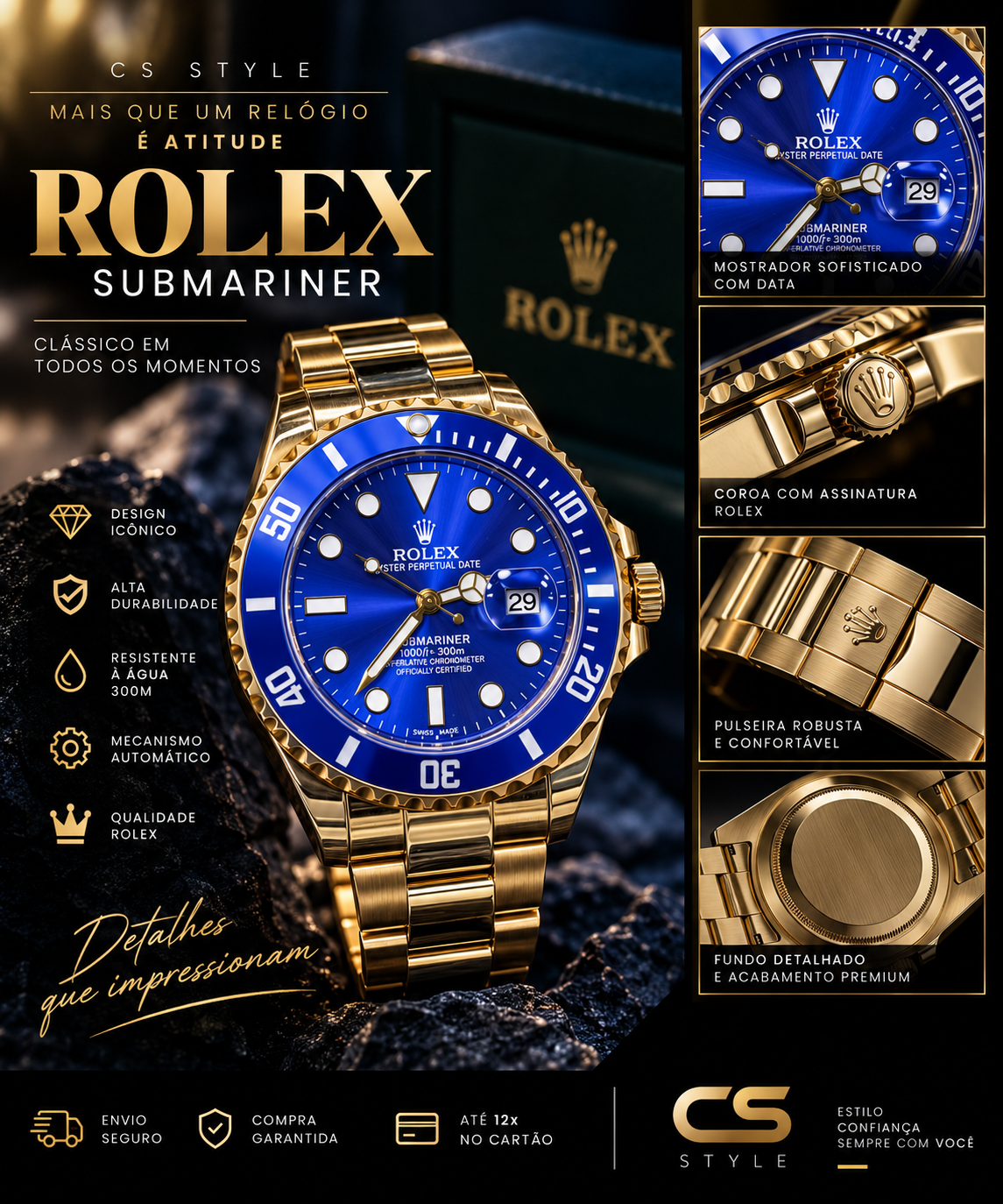 Relógio Masculino Premium Dourado com Mostrador Azul