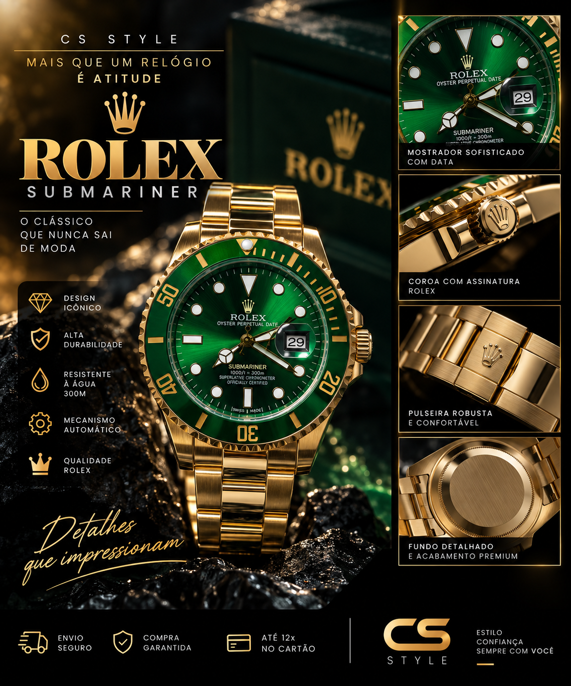 Relógio Masculino Premium Dourado Verde