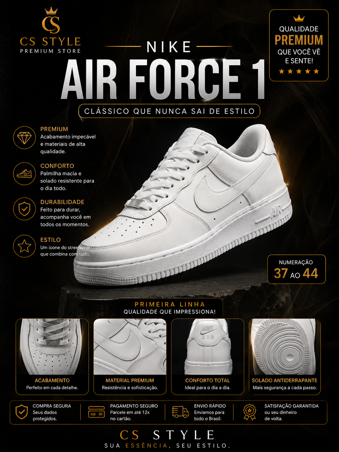 Air Force 1 Branco Premium – Estilo Clássico e Conforto para Todos os Momentos (Cópia)