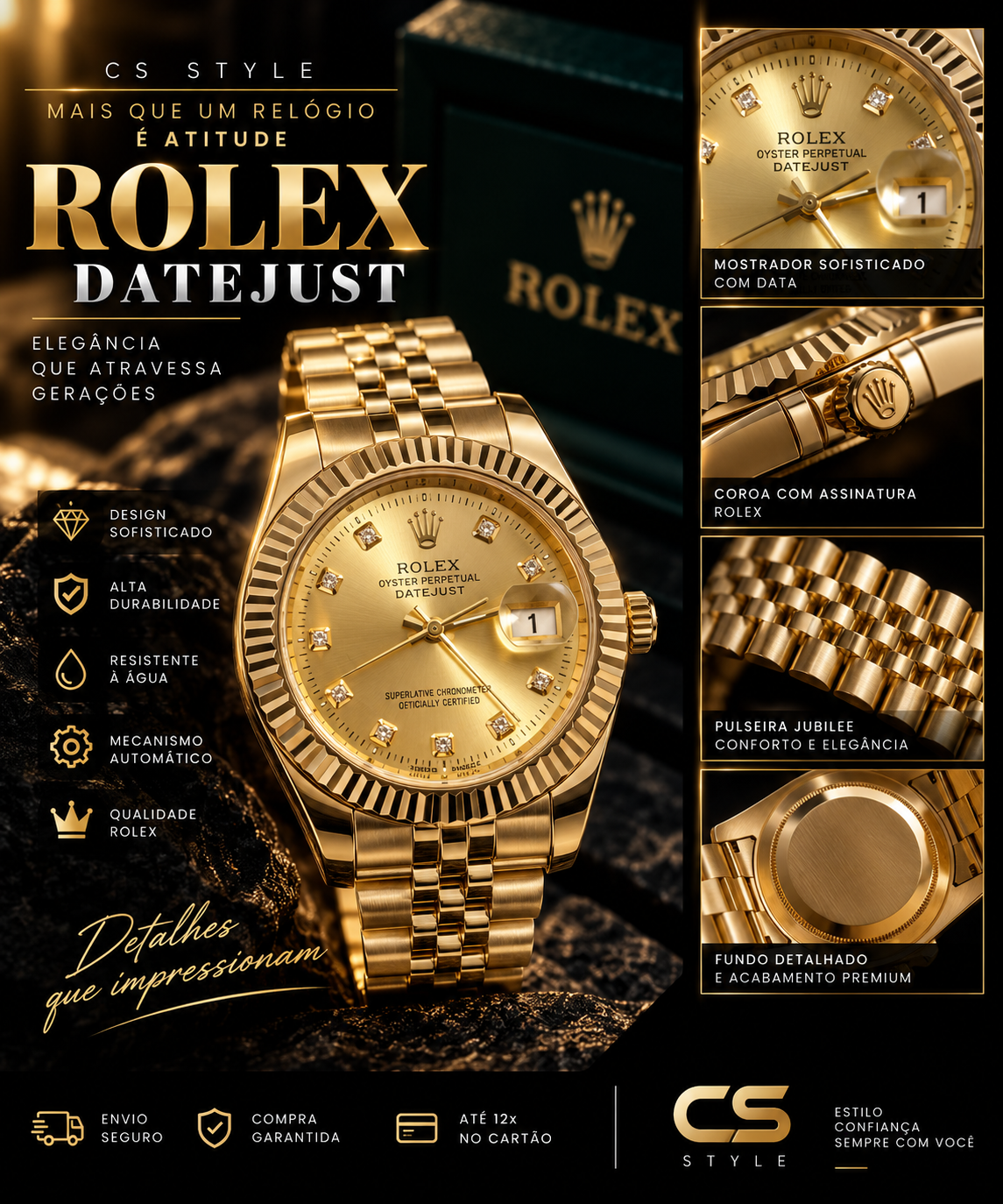Relógio Masculino Premium Datejust Dourado