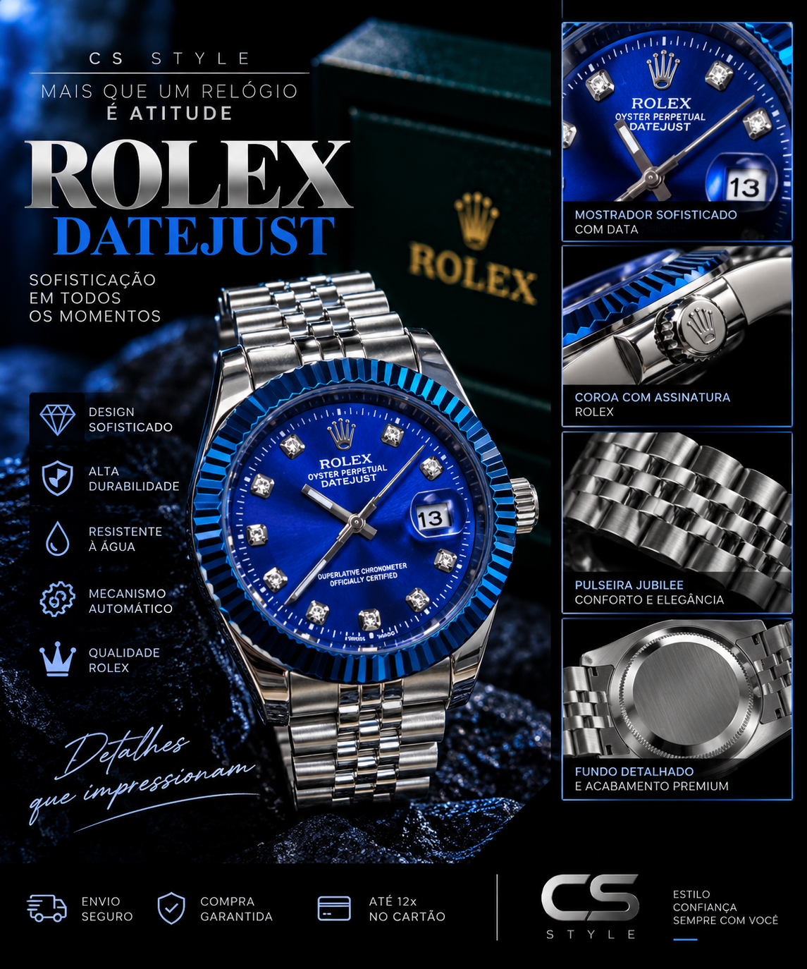 Relógio Masculino Premium Datejust Prata e Azul