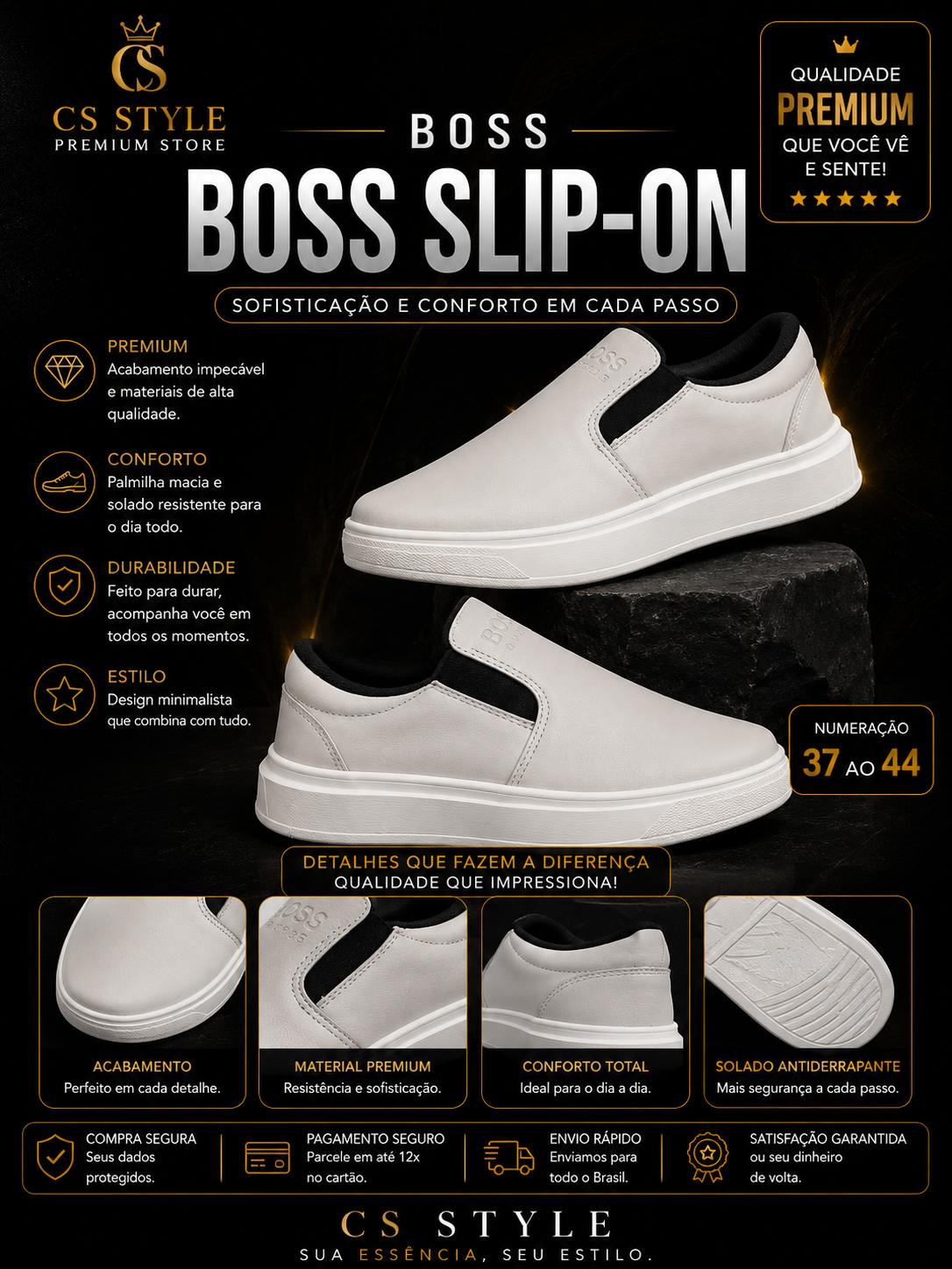 Slip On Boss Premium Branco – Elegância e Conforto | Primeira Linha Premium